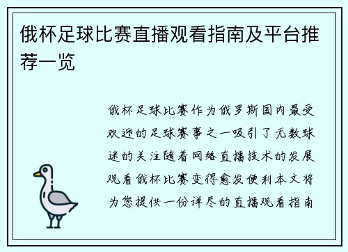 俄杯足球比赛直播观看指南及平台推荐一览